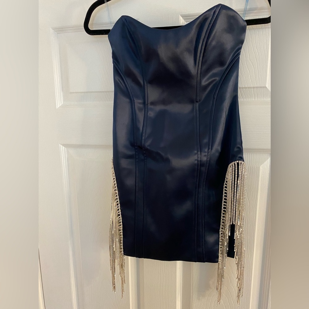 Oh Polly Satin Strapless Blue Dress with Rhinestones US4 UK8 - Picture 5 of 7